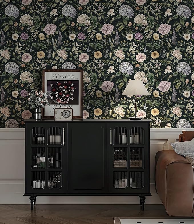 HeloHo Vintage Floral Peel and Stick Wallpaper 17.3"x393.7" Boho Contact Paper Dark Flower Self-Adhesive Removable Wallpaper Renter Friendly Botanical Wall Paper for Cabinets Bedroom Vinyl Rolls