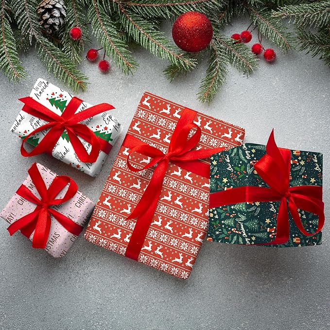 4 Rolls Christmas Wrapping Paper, 30 Inch x 14.8 Feet per Roll, Totaling 148 sq. ft. – Reindeer, Tree, Snowflake & Pink Letter Designs, Eco-Friendly & Durable Gift Wrap for Christmas Presents and Holiday Decorations