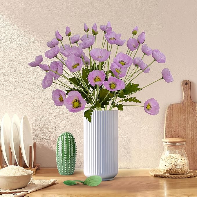 ATFL Light Poppy Flowers Artificial for Wedding Decorations,12 Pcs Fake Faux Silk Poppies Bulk for Home Decor Table Centerpieces Floral Arrangement（ 23.5‘’, Light Purple