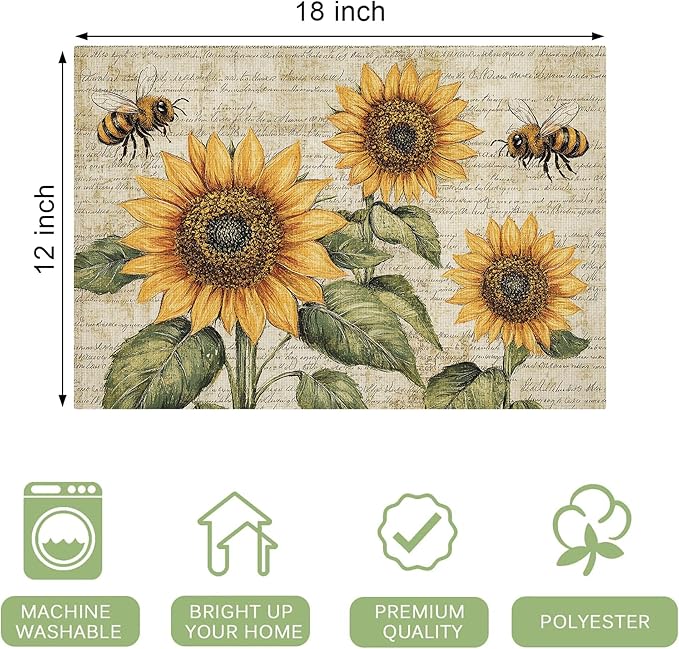 Vintage Sunflower Bee Placemats Set of 4 Washable Table Mats Rustic Spring Summer Floral Heat-Resistant Cotton Linen Place Mats for Dining Table Kitchen Indoor Outdoor Party Holiday Decor