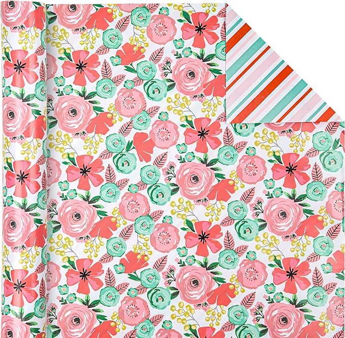 WRAPAHOLIC Reversible Floral Wrapping Paper - Mini Roll - 17 Inch X 33 Feet - Peach Pink Floral Design for Birthday, Mother's Day, Wedding, Baby Shower