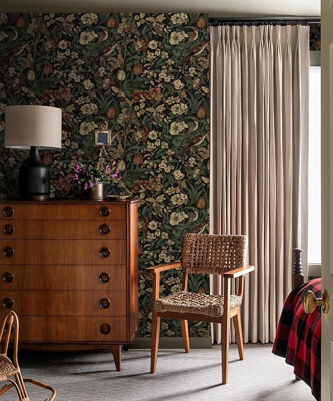 Erfoni 17.3" x118" Vintage Floral Peel and Stick Wallpaper Dark Floral and Bird Contact Paper DIY Self Adhesive Removable Wallpaper for Bedroom Cabinets Decor Retro Boho Flower Leaf Wall Paper