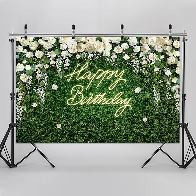 Riyidecor Green Leaves Birthday Backdrop Polyester Fabric Blooming White Rose Flower Floral Elegant Greenery Grass Wall Natural Plant 5Wx3H Feet Photography Background Birthday Photo Studio Shoot