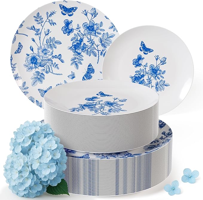 Trendables Plastic Plates For Party Supplies, Floral Disposable Plates For Party & Weddings 200 Pcs - 100 x 8 Dessert Plates & 100 x 10 Plastic Dinner Plates, Plate Set Disposable Dinnerware Sets
