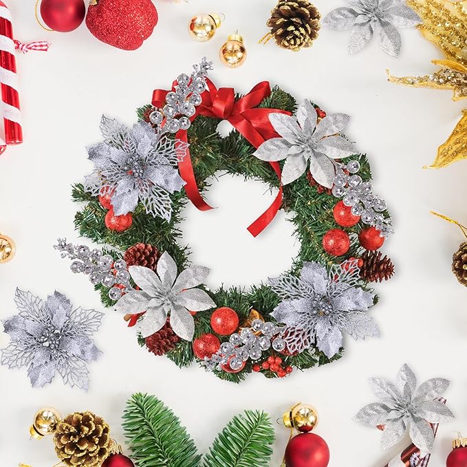 24Pcs Silver Glitter Poinsettia Christmas Tree Ornaments and Glitter Berries Stems, 16Pcs Christmas Artificial Flowers and 8 Pack Christmas Tree Picks for Wedding Holiday Decorations