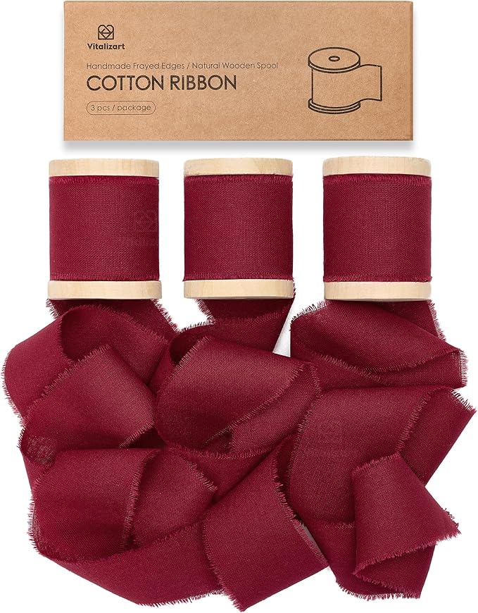 Vitalizart Burgundy Red Ribbon 1-1/2" x 15 Yd 100% Cotton Handmade Frayed Fringe Fabric Ribbons for Gift Wrapping Wedding Invites Bridal Shower Bouquets Christmas Decorations