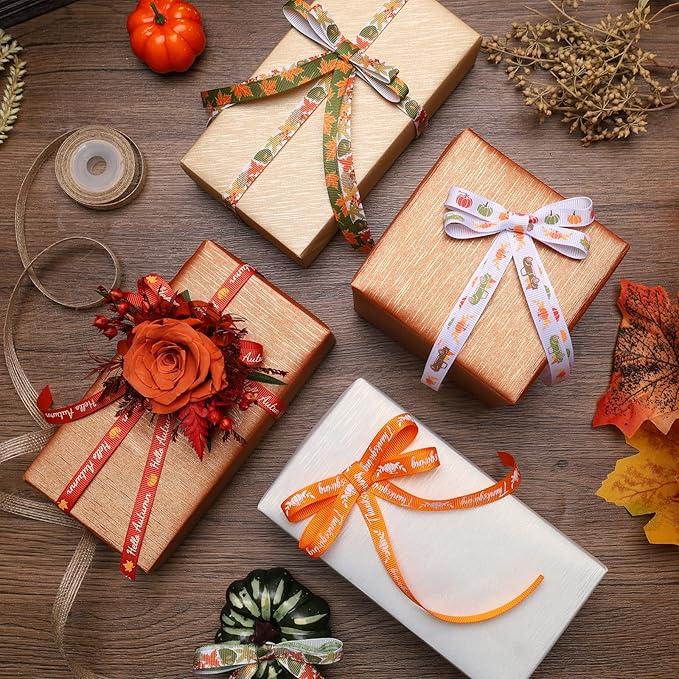 LaRibbons Fall Ribbons for Crafts 3/8 Inch x 5 Yards/Roll 50Yards TTL,Orange Green Yellow Plaid Ribbon for Autumn Wreath Thanksgiving Christmas Farm Gift Wrapping Home Decor