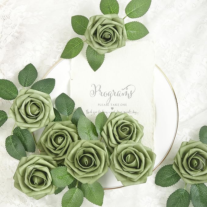Artificial Flowers, 100pcs Artificial Rose for DIY Wedding Bouquets Centerpieces Flowers Arrangements, Elf Green Fake Flowers with Stems for Bridal Shower Graduation Events Decoration