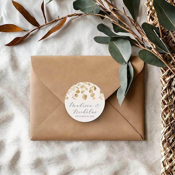 Personalized Floral Wedding Stickers with Your Choice of 30 Flower Styles - Choose Font and One of Five Pre-made Phrases or Add Custom Text (004 - Gold Leaves)
