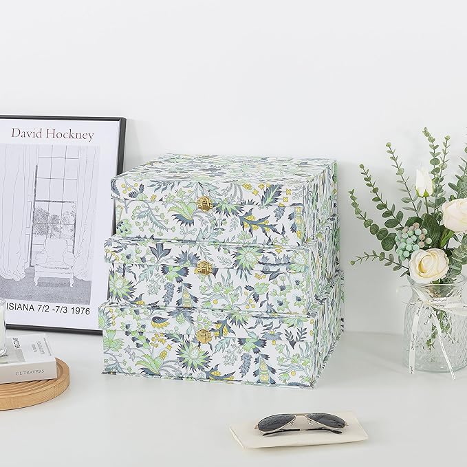 Soul & Lane Floral Cardboard Decorative Storage Boxes with Gold Hardware - Set of 3, Midnight Garden - Stacking Boxes with Lids for Home Decor and Organizing, Elegant Design