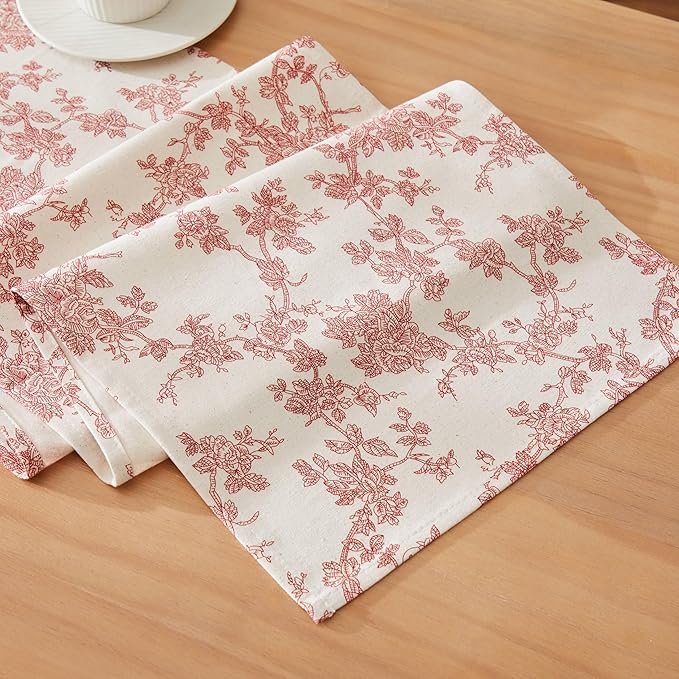 100% Cotton French Pastoral Table Runners, 13x48 Inch red Farmhouse Table Runners 48 Inches Long, Vintage Flowers Print Home Decors