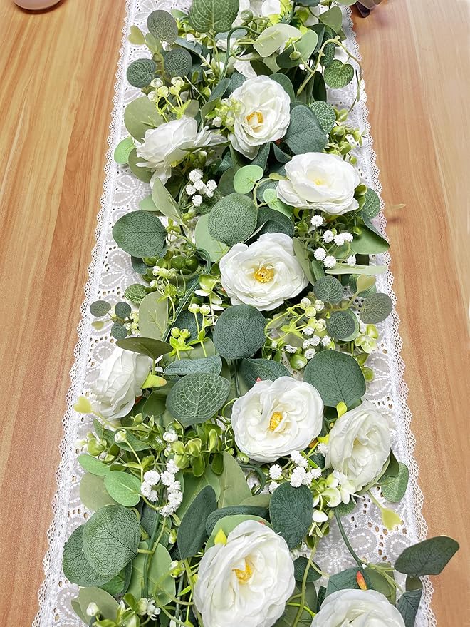 2 Pack 12Ft Artificial Eucalyptus Flower Garland with White Roses, Faux Floral Greenery Garland Fake Flower Vines for Wedding Party Centerpiece Table Runner Arch Party Decor (2PCS,White