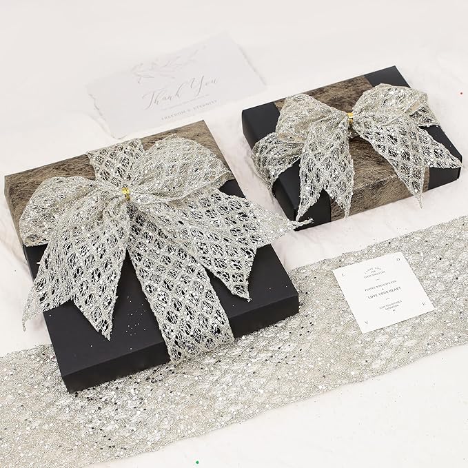 VATIN 6" Champagne Christmas Ribbon, Silver Glitter Mesh Diamond Web Sequin Dots Wired Christmas Ribbon for Gift Wrapping Bow Making Wreath Supply-10 Yards