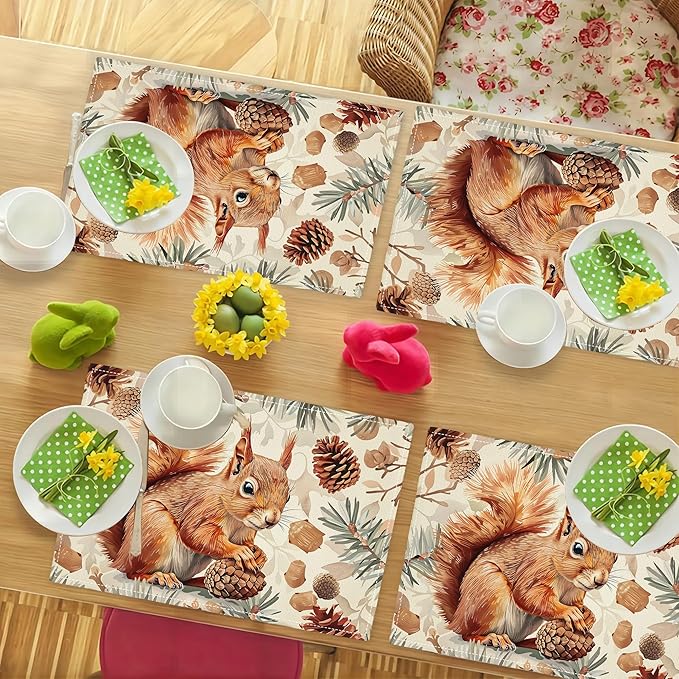 Squirrel Placemats Set of 6 Pine Cone Branch Fall Autumn Watercolor Table Mats Washable Place Mats for Home Party Indoor Kitchen Dining Table Decoration 12x18 Inch