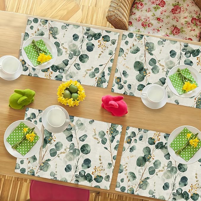 Leaves Placemats Set of 6 Eucalyptus Seasonal Watercolor Plants Table Mats Washable Place Mats for Home Party Indoor Kitchen Dining Table Decoration 12x18 Inch