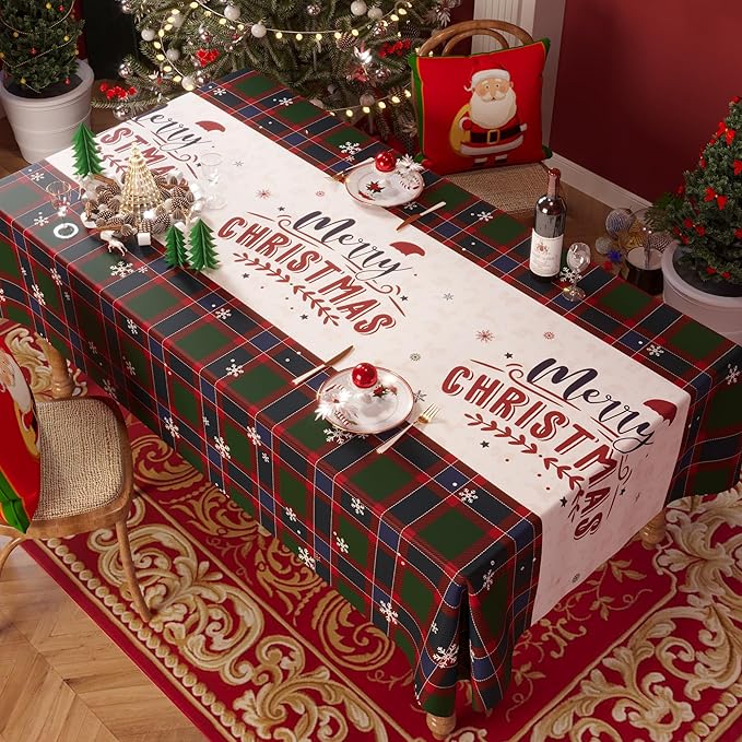 Christmas Rectangle Table Cloth,100% Waterproof Tablecloth,Christmas Decorations for Home, Vinyl Tablecloth Plastic Table Cover for Party，Picnic,Dining,Outdoor 54" x 120",Crimson Checked