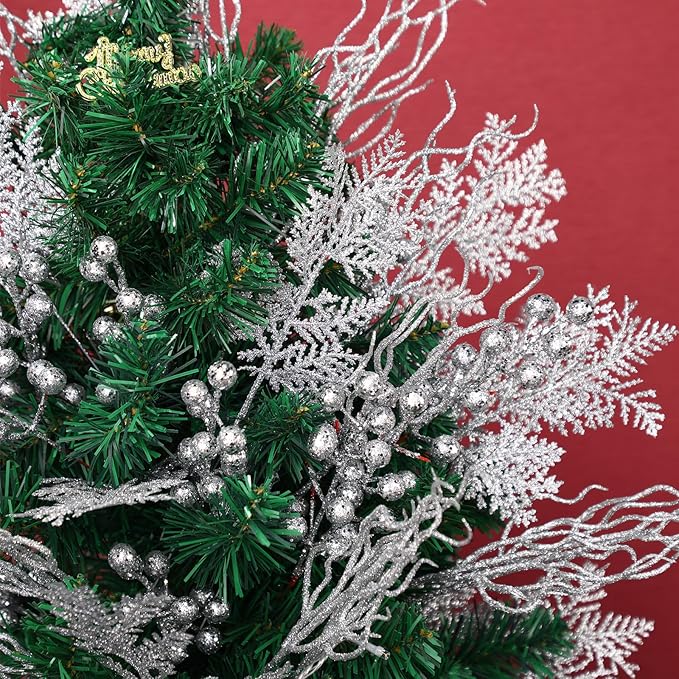 75 Pcs Christmas Glitter Branches 3 Styles Artificial Christmas Picks Berries Stems Pine Needles Floral Twig Spray for Xmas Tree Ornaments DIY Wreath Garland(Silver)
