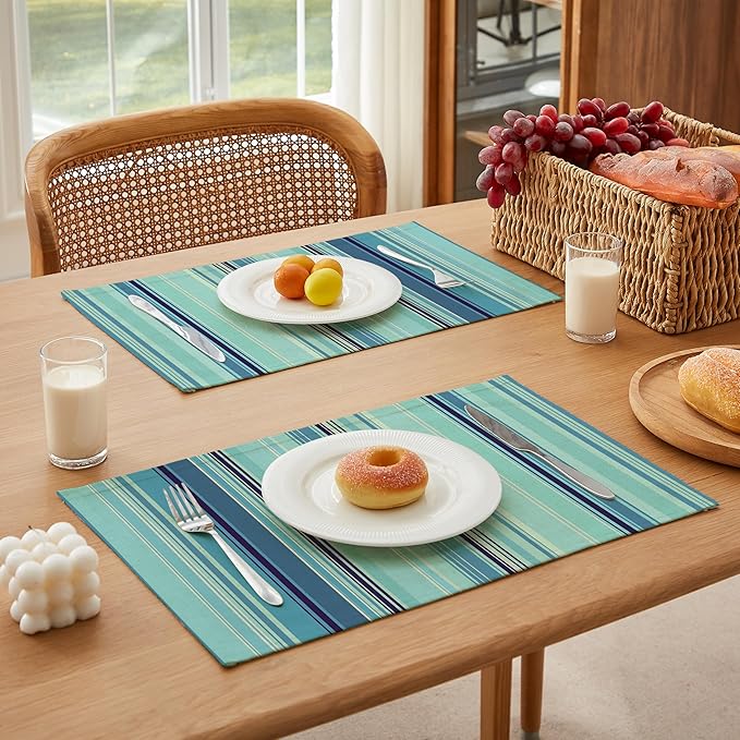 LilyCat Linen Fabric Blue Stripes Placemats, Durable Boho Dining Table Mats for Kitchen, Rustic Vintage Washable Place Mats Set of 4, 18’’× 12’’