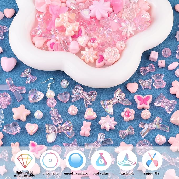 Assorted Acrylic Beads, 200-260PCS Pink Cute Beads for Bracelet Making, GummyBear Bow Flower Candy Kawaii Charms for Jewelry Making DIY Necklace Keychain Phone Charm Christmas Gift