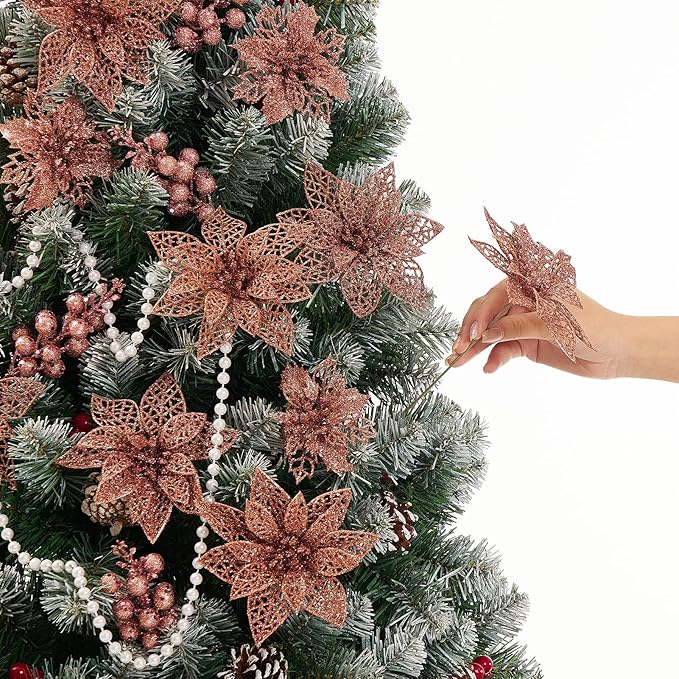 22Pcs Poinsettia Artificial Flowers and Glitter Berries Stems Kit, 16Pcs Christmas Tree Flowers Ornaments and 6 Pack Christmas Tree Picks for Wedding Holiday Decorations (Rose Gold)