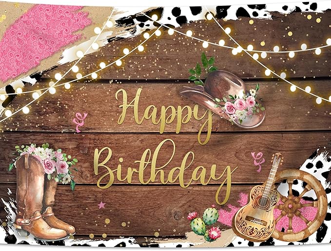SVBright Western Cowgirl Birthday Backdrop 7Wx5H Cute Cow Print Country Wild West Rustic Wooden Boho Flower Retro Boots Hat Farmhouse Decorations Photography Background Banner Photo Booth Studio