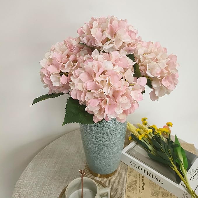 Pink Hydrangea Artificial Flowers,6 Pcs Faux Pink Hydrangea Flowers, Artificial Hydrangeas Flowers with Stems,Fake Hydrangea Flowers, Hydrangea Silk Flowers (6, Pink)