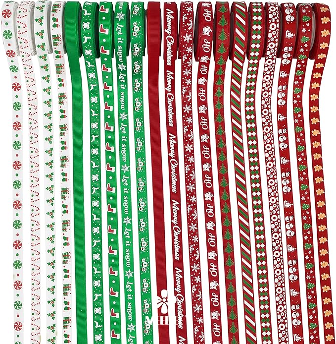 MEEDEE 3/8 inch 100 Yards Assorted Christmas Ribbon - Pack of 20 in Red, Green & White - Mix Grosgrain & Double Face Satin Ribbon for Holiday Décor, Gift Wrapping, Xmas Wreath Bow or Crafting Project