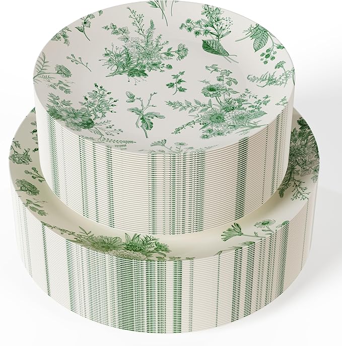 Trendables Plastic Disposable Plates Set I 8 Inch Dessert Plates & 10 Inch Wedding Party Plates | Ivory & Green Verdure Design (40)