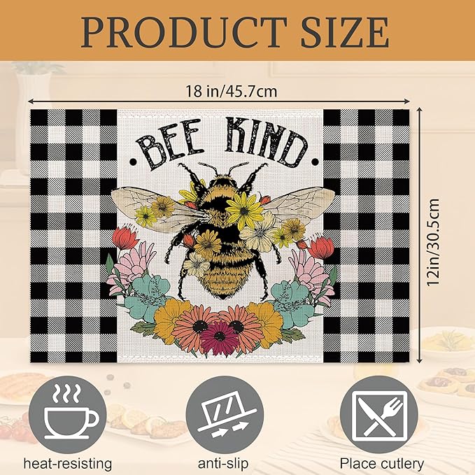Summer Bee Placemats Set of 6,Washable Heat Resistant 12×18 Inch Linen Table Mats Sunflower Place Mats for Party Outdoor Dining Decor