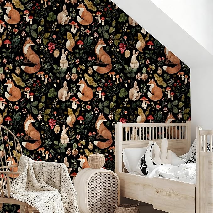 Vintage Fox Rabbit Mushroom Peel and Stick Wallpaper Removable Whimsical Botanical Leaf 17.7" x 118.11" Wall Paper Watercolor Self Adhesive Contact Paper for Classroom Bedroom laundry room bathroom