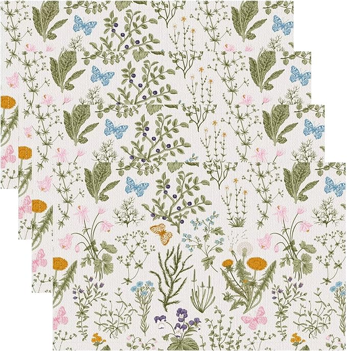 Botanical Placemats Set of 8, 17x12 Inch Butterfly Green Leaf Colorful Wildflower Vintage Rustic Style Table Mats for Home Party Kitchen Dining Decor