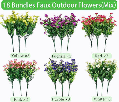 18 Bundles Artificial Flowers for Outdoors No Fade Fake Plants Faux Flowers for Spring Summer Decor, UV Resistant Artificial Outdoor Plants for Outside & Indoor Planter Porch Balcony Patio Decor - Mix