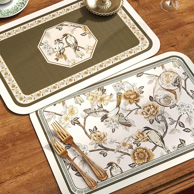 ISAENNE PVC Placemats Set of 6,Rectangular Flower and Bird Print Placemats, Waterproof and Heat-Resistant Place Mats,Decoration for Kitchen, Dining, Parties, Holiday,12"*17"