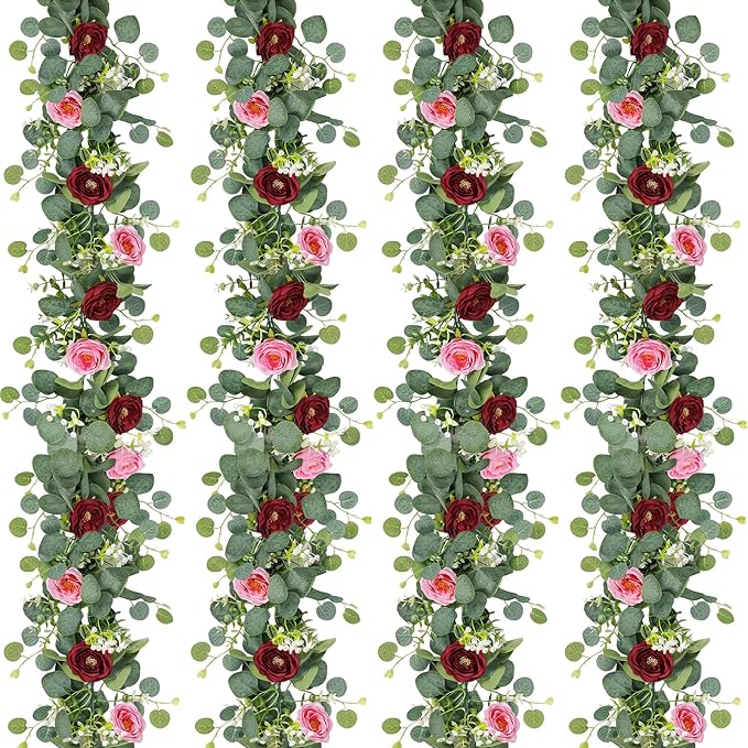 TOCHGREEN 4 Pack Artificial Eucalyptus Flower Garland with Red and Pink Roses, Fake Rose Flower Greenery Garland Floral Vines for Wedding Home Party Table Runner Decor (Red Pink, 4PCS)