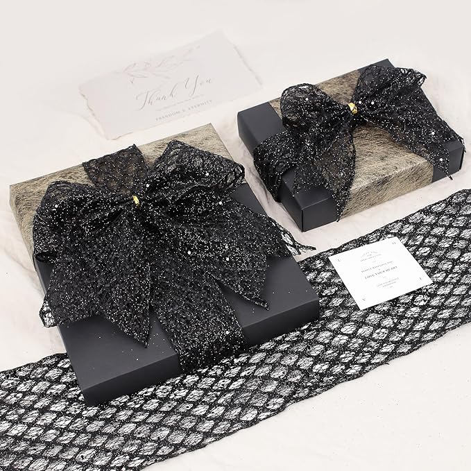 VATIN 2-1/2" Black Christmas Ribbon, Black Glitter Mesh Diamond Web Sequin Dots Wired Christmas Ribbon for Gift Wrapping Bow Making Wreath Supply-10 Yards