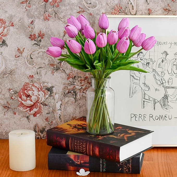 Mandy's Artificial Tulips 20 Stems Lavender PU Faux Flowers for Thanksgiving and Christmas Decorations Wedding Home Decor 13.5 Inch