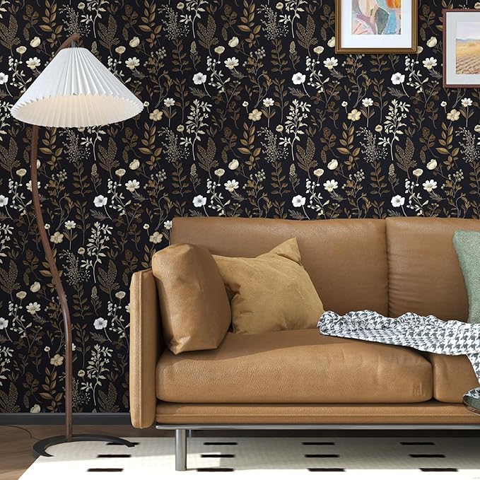 Vintage Dark Floral Small Roll Peelable Wallpaper 17.5" x 78", Moody Black Leaf Botanical Contact Paper for Drawer and DIY Craft, Retro Self Adhesive Wall Paper Brown Taupe Wall Art Decor