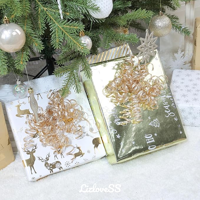 6" Metallic Champagne Christmas Curly Ribbon Bows for Gift Wrapping Self Adhesive Gift Bows for Holiday Decor, Baskets, Birthday, Wedding, Presents, Party Favors Decorations 6-Count