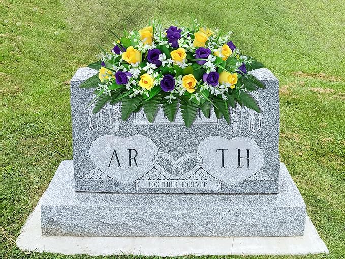 Artificial Cemetery Flowers Saddle-Shaped Tombstone Decorations Non-Fading UV-Resistant（ Yellow+Purple Saddle）