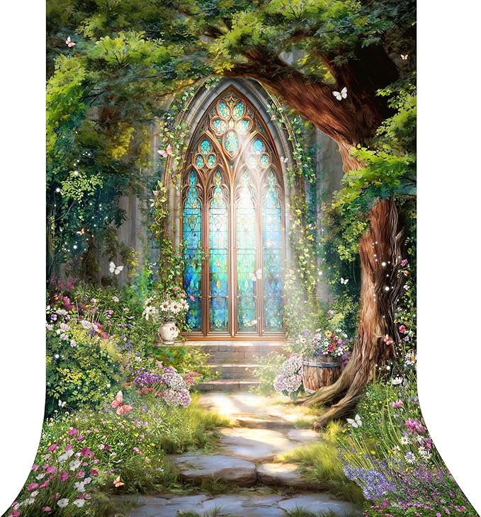 Riyidecor Fairy Forest Backdrop Polyester Fabric Green Enchanted Garden Wonderland Butterfly Flower Magic Stained Glass 5Wx7H Feet Photography Background Birthday Baby Shower Photo Studio Shoot