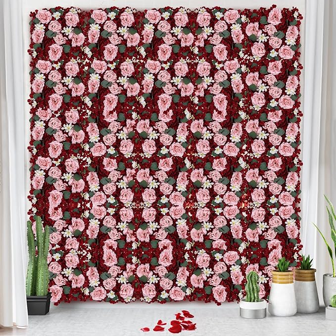 Pack of 6 Artificial Silk Flower Panels, Faux Floral Wall Background for Wedding Party Engagement Bridal Shower Arrangement Home Decorations - Burgundy & Dusty Pink