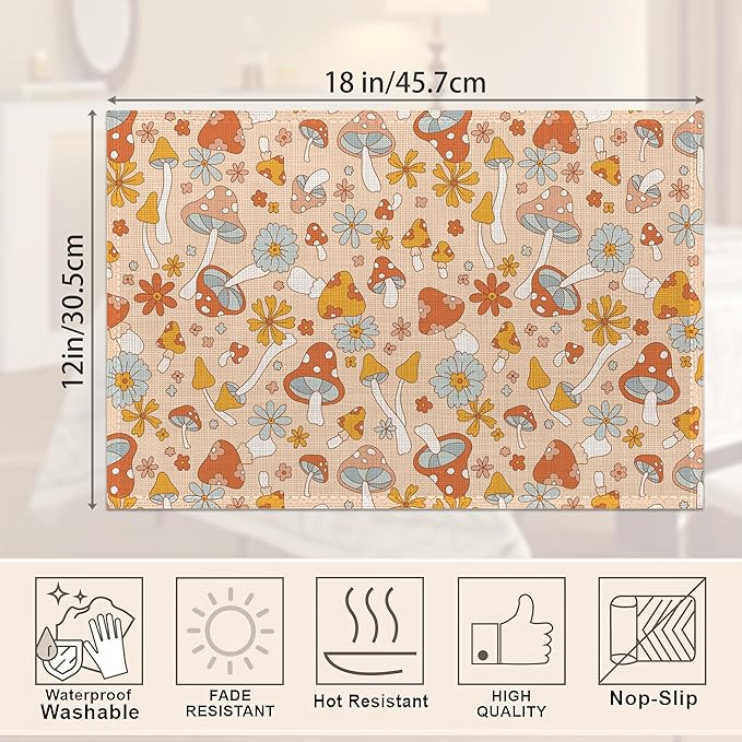 Retro Floral Hippie Mushroom Placemats Set of 6,Groovy Flower Table Mats Non-Slip Heat Resistant Washable Placemat for Party Kitchen Dining Table Decoration Indoor Outdoor