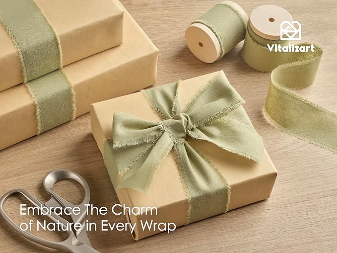 Vitalizart Sage Green Ribbon 1-1/2" x 15 Yd 100% Cotton Handmade Frayed Fringe Fabric Ribbons for Gift Wrapping Wedding Invites Bridal Shower Bouquets Christmas Decorations