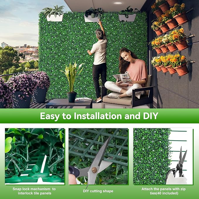 EverNture 48"x120"(40 SQFT) Grass Wall Panels, Artificial Grass Backdrop, Fake Greenery Plant Boxwood Roll with Flower, Green Wall Decor for Outdoor Indoor Patio Garden Backyard