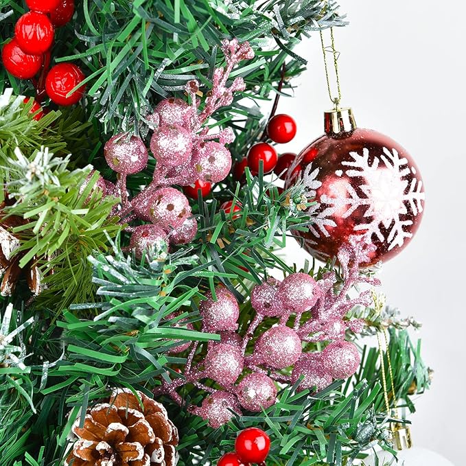 DearHouse 14 Pack Christmas Glitter Berries Stems, 7.8Inch Artificial Christmas Picks for Christmas Tree Ornaments, DIY Xmas Wreath, Crafts, Holiday and Home Decor (Pink)