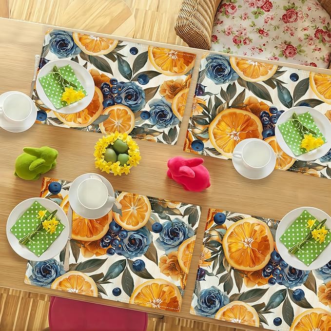 Orange Placemats Set of 6 Fruit Blueberry Rose Leaf Table Mats Washable Place Mats for Home Party Indoor Kitchen Dining Table Decoration 12x18 Inch