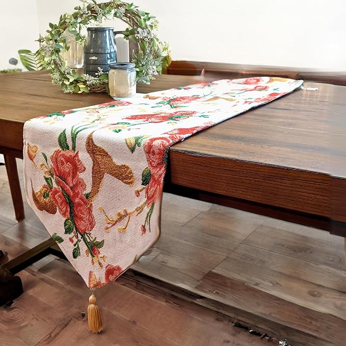 Tache Floral Red Roses Birds Ivory Woven Table Runner - Vintage Tapestry Kitchen Dining Dinner Linens Cloth - 13 x 54 inches