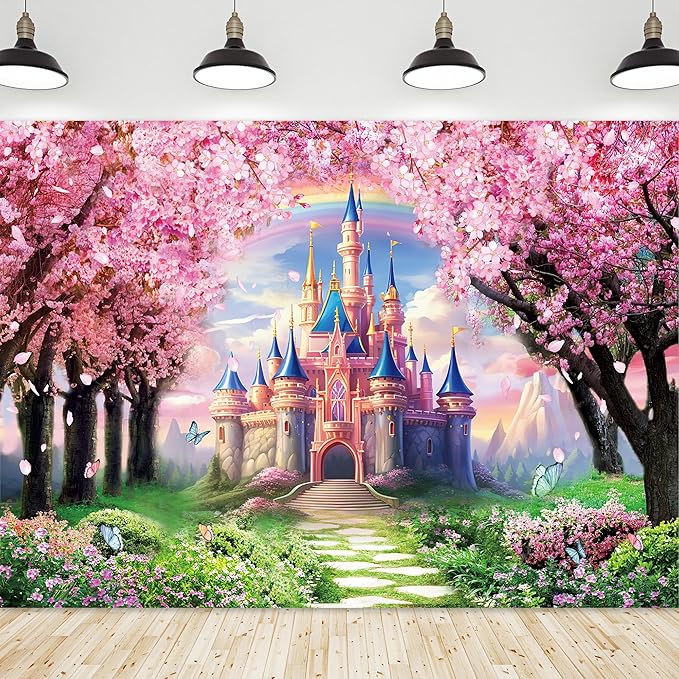 Riyidecor Princess Castle Backdrop Vinyl Pink Sakura Rainbow Flowers Floral Fantasy Fairy Tale Wonderland 10Wx8H Feet Butterfly Photography Background Birthday Wedding Party Photo Studio Shoot