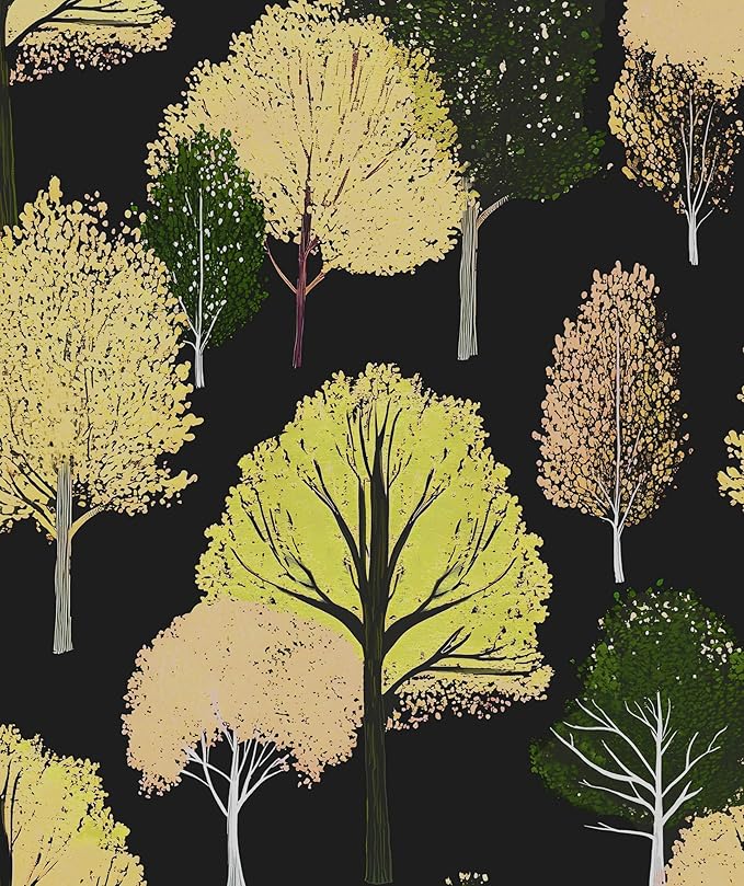 Forest Wallpaper Peel and Stick, Back/Green/Yelllow Trees Contact Paper,Abstract Woodland Landscape Wall Mural Self Adhesive Waterproof Removable for Bathroom Shelves Cabinet Drawer Table 17.5" x 118"