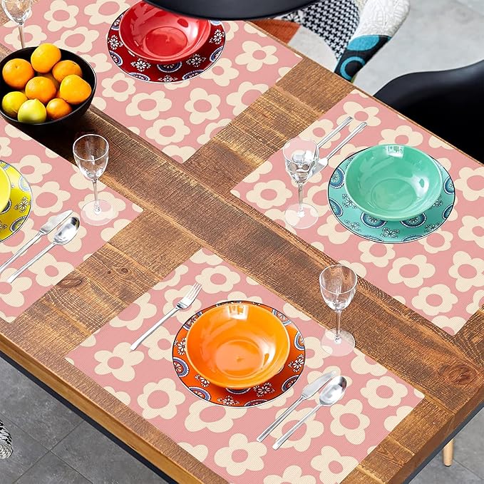 Vintage Groovy Flowers Placemats Set of 4, Placemats for Dining Table,Heat Resistant Stain Resistant Wipeable Table Mats for Kitchen Dining Holiday Party Home Decor,12x18 Inch